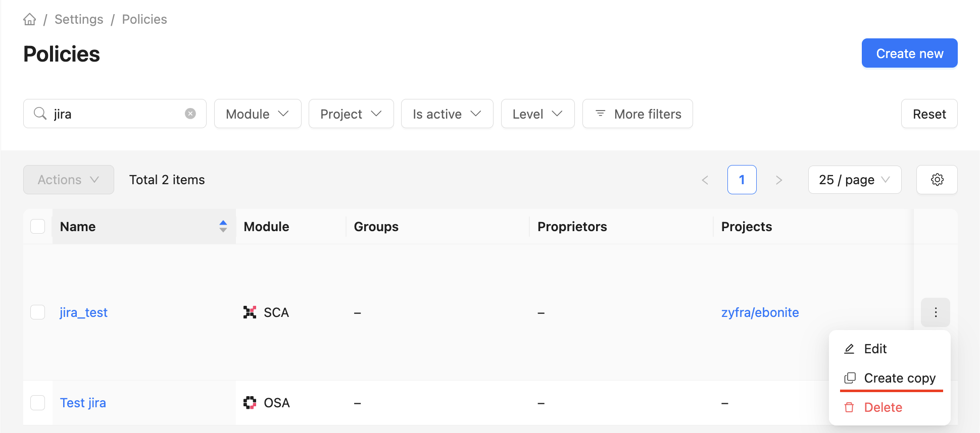 Create a policy copy from the list menu