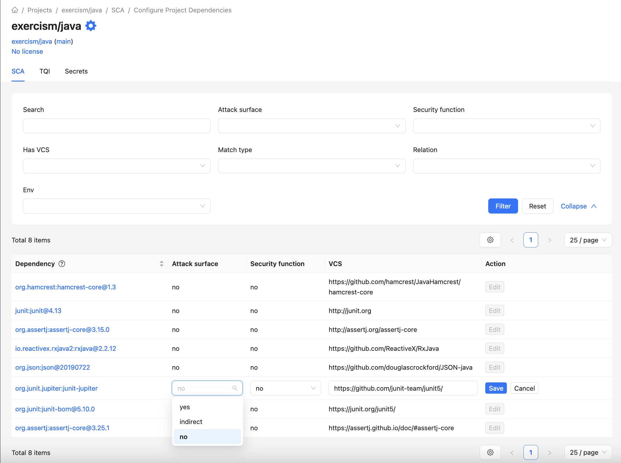 Dependencies settings