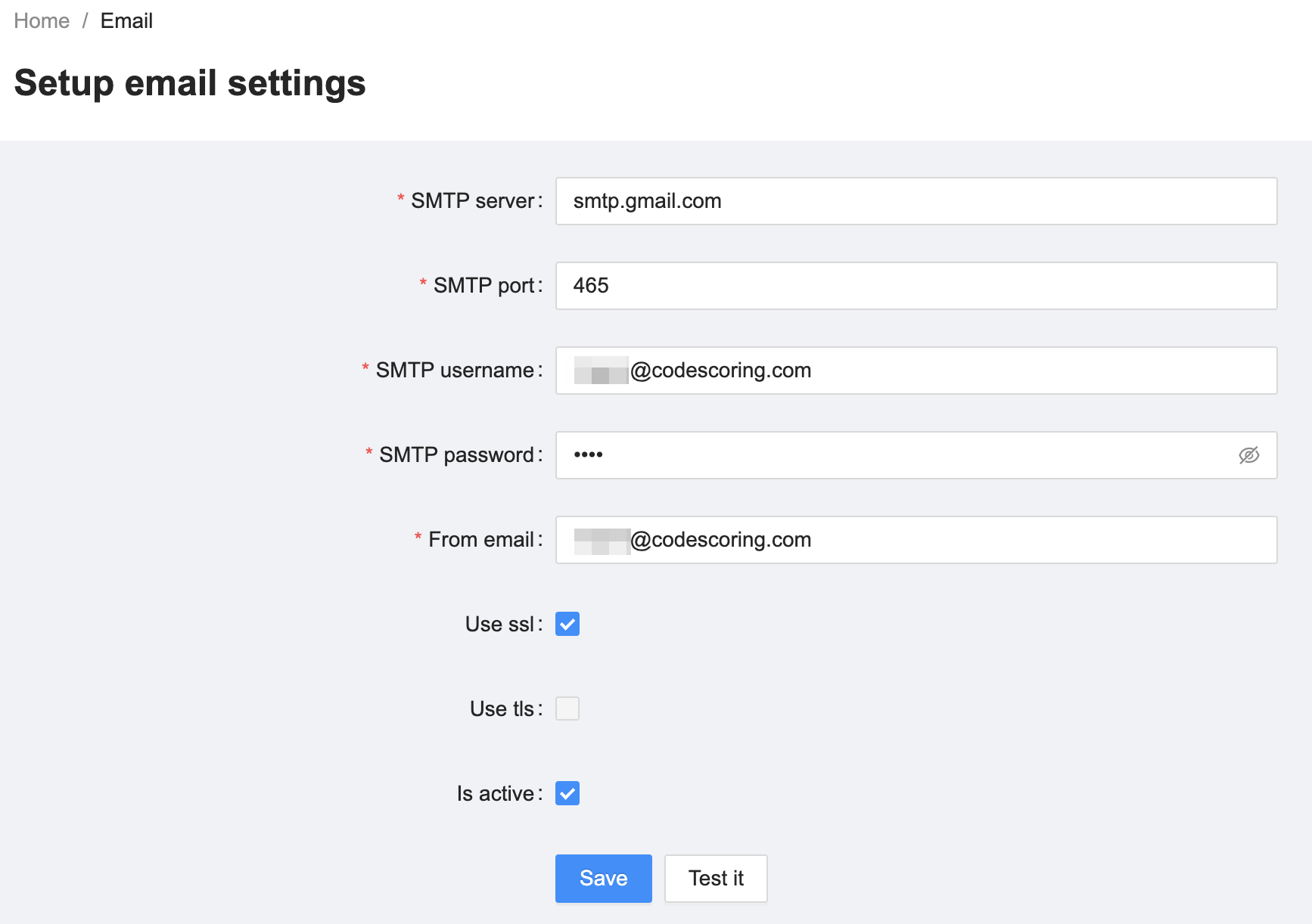 CodeScoring email settings example