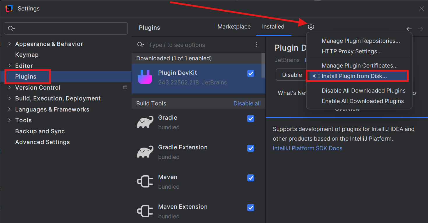 Скриншот диалога настроек IntelliJ с разделом Plugins и открытым меню шестеренки