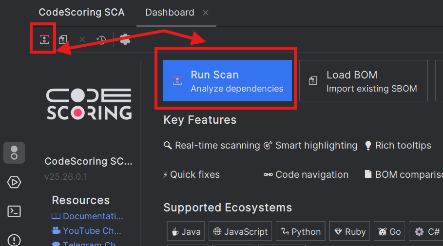 Скриншот кнопки Run Scan в панели Dashboard