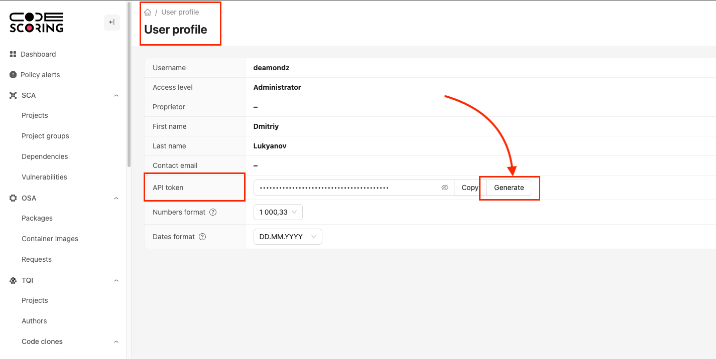 Screenshot of the CodeScoring web interface showing the profile page with API token field and Generate button