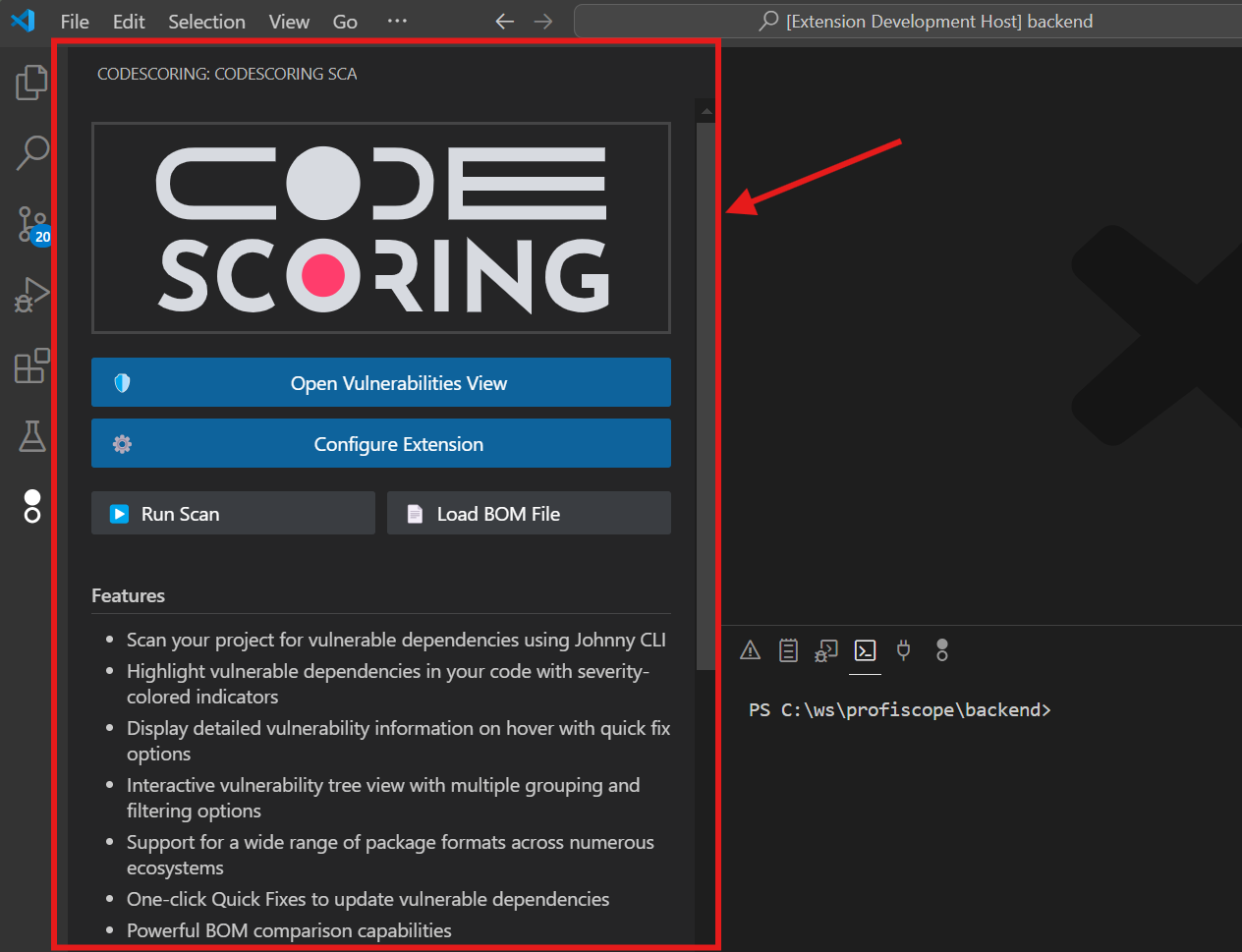Снимок экрана боковой панели CodeScoring SCA со всеми доступными кнопками