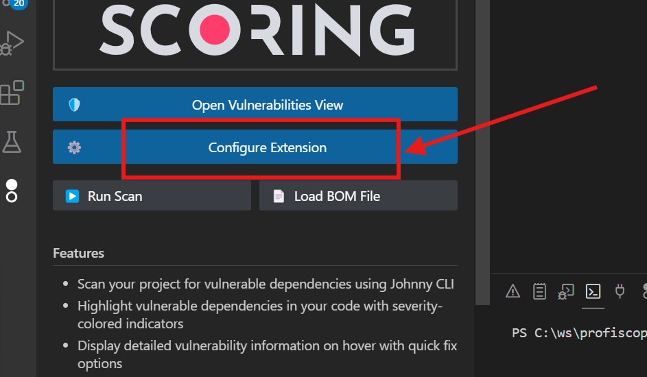 Снимок экрана кнопки Configure Extension в боковой панели