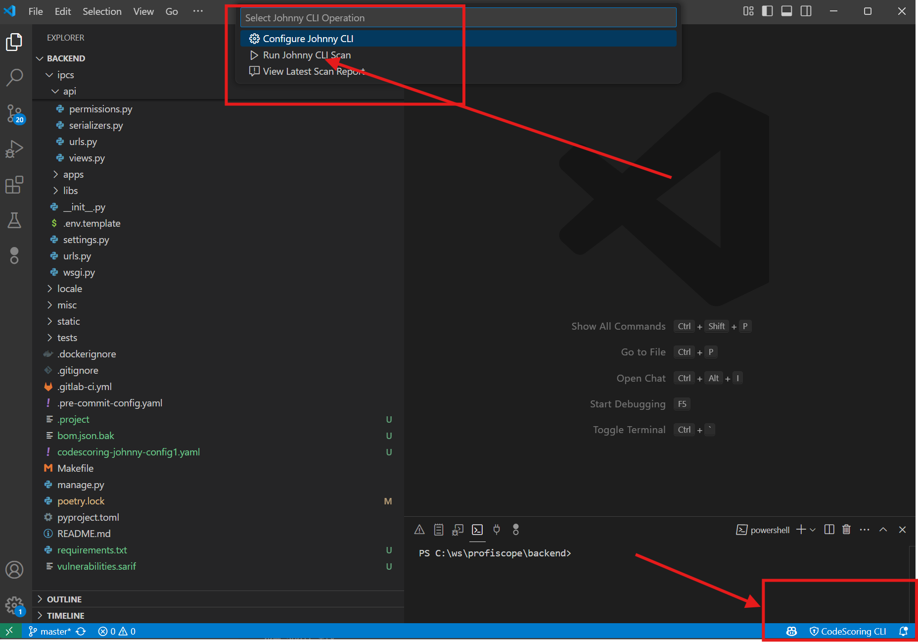 Снимок экрана строки состояния VS Code с индикатором CodeScoring CLI