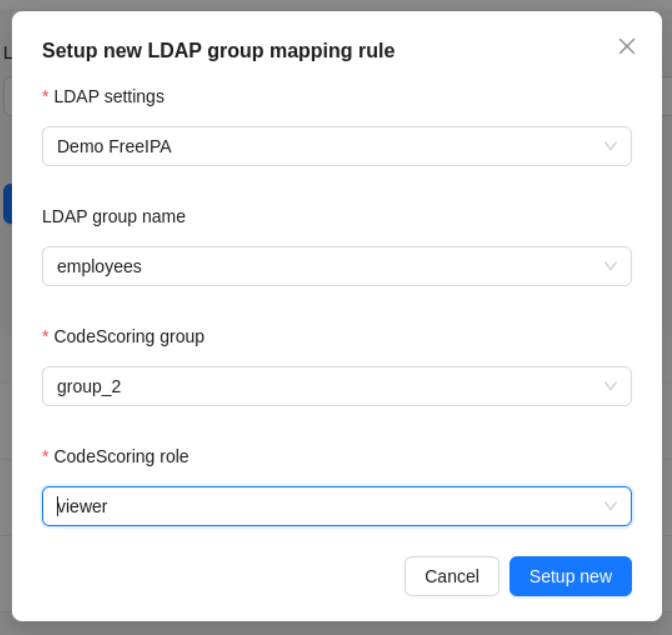 создание правил маппинга групп LDAP на роли и группы CodeScoring