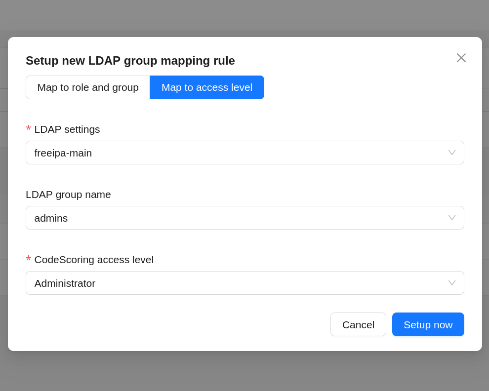 создание правил маппинга групп LDAP на уровень доступа CodeScoring