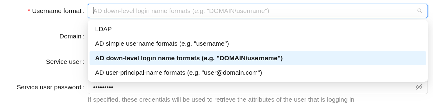 доступные опции для username format