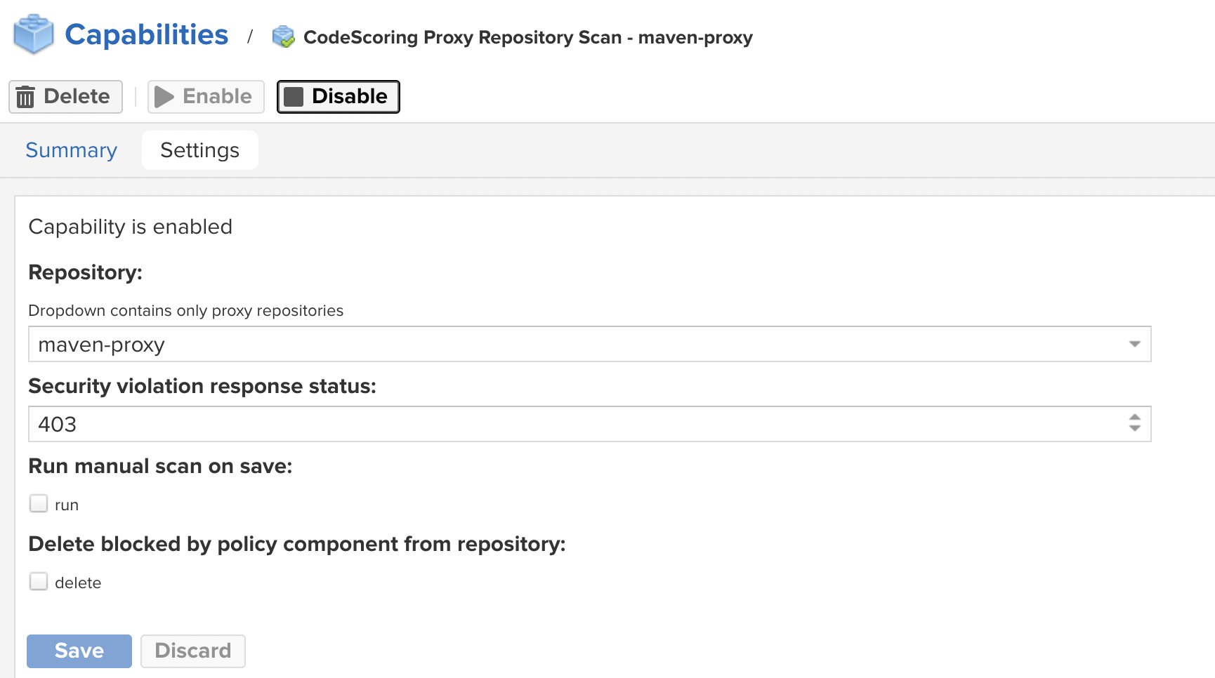 CodeScoring capability scan settings example