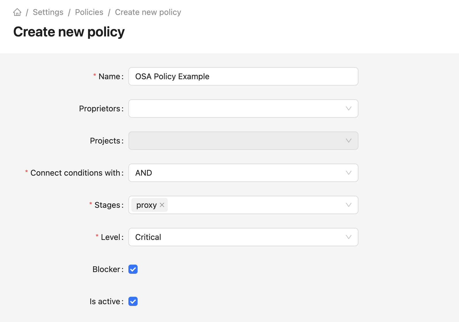 Policy settings example