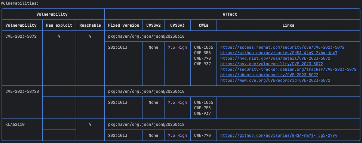 Vulnerabilities table with "Reachable" column