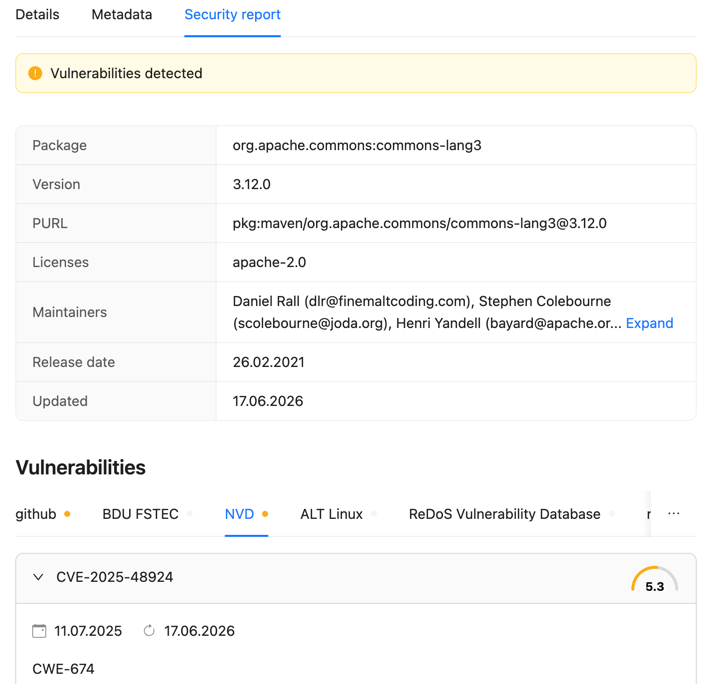 Вкладка Security report в деталях артефакта